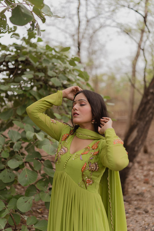 Parrot-Green Gown Set