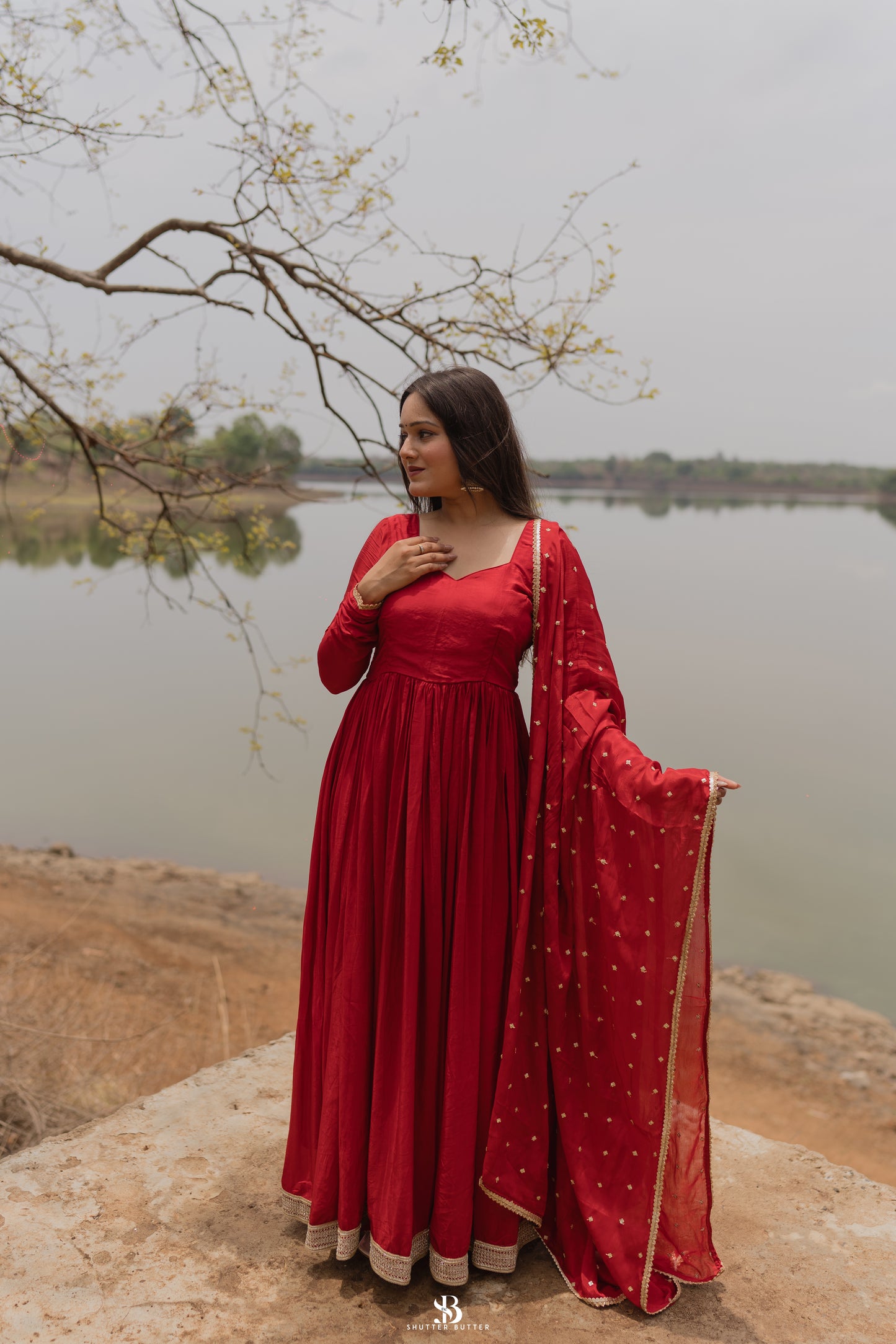 Cherry-Red Gown Set