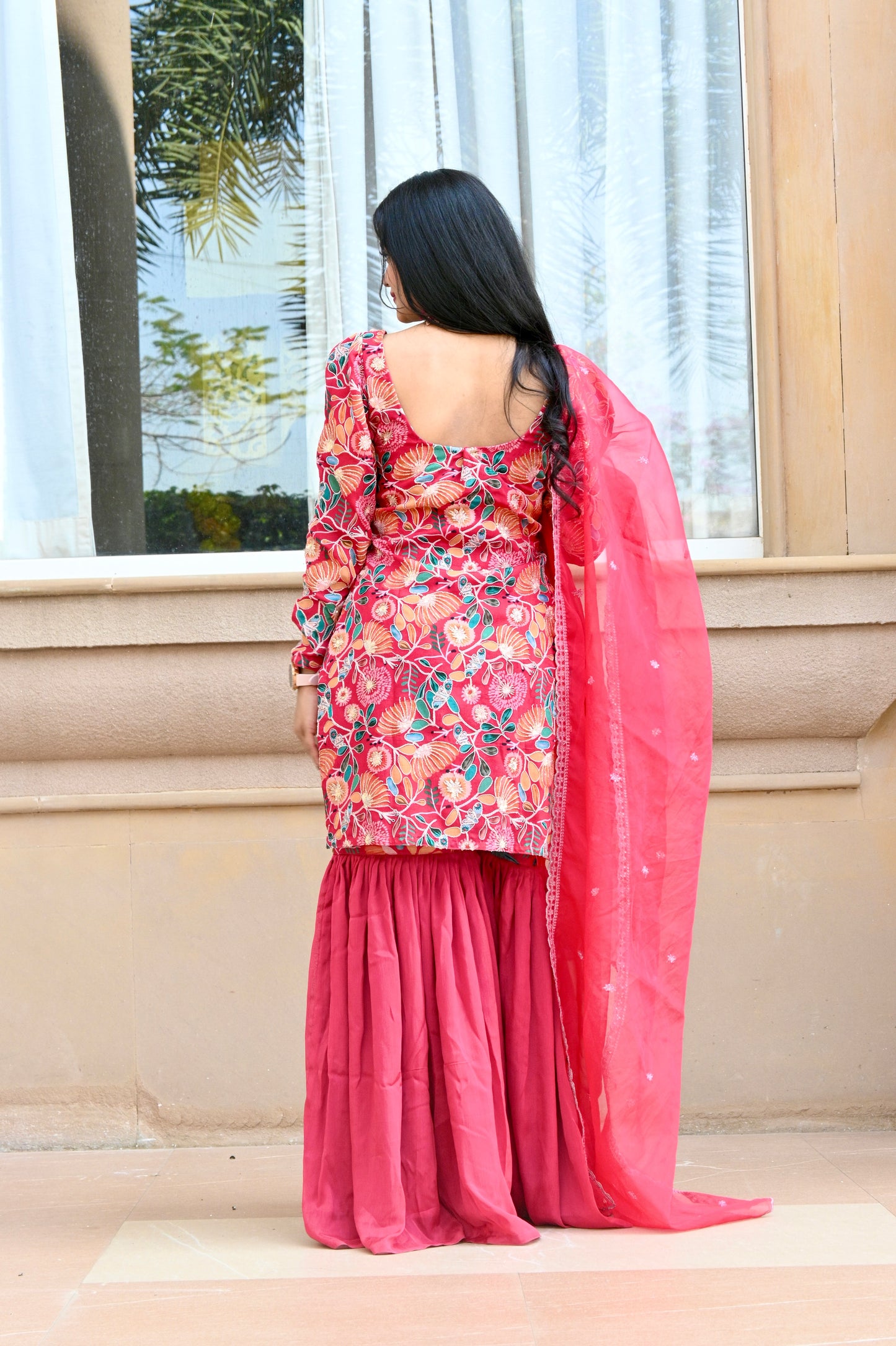 Embroidered "Pink-FLORAL Chinnon" Garara set - AS