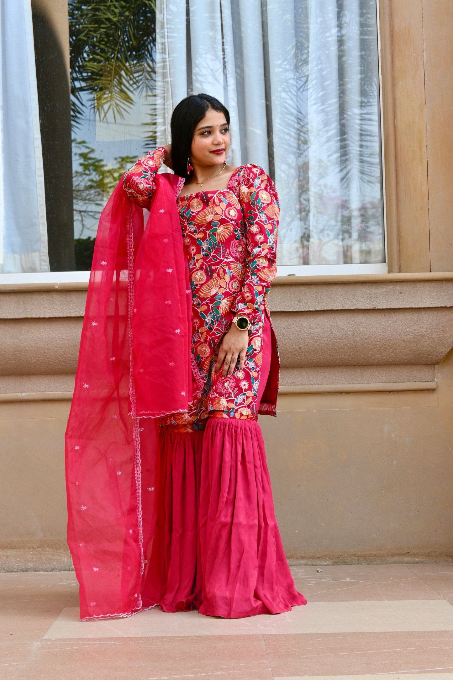 Embroidered "Pink-FLORAL Chinnon" Garara set - AS
