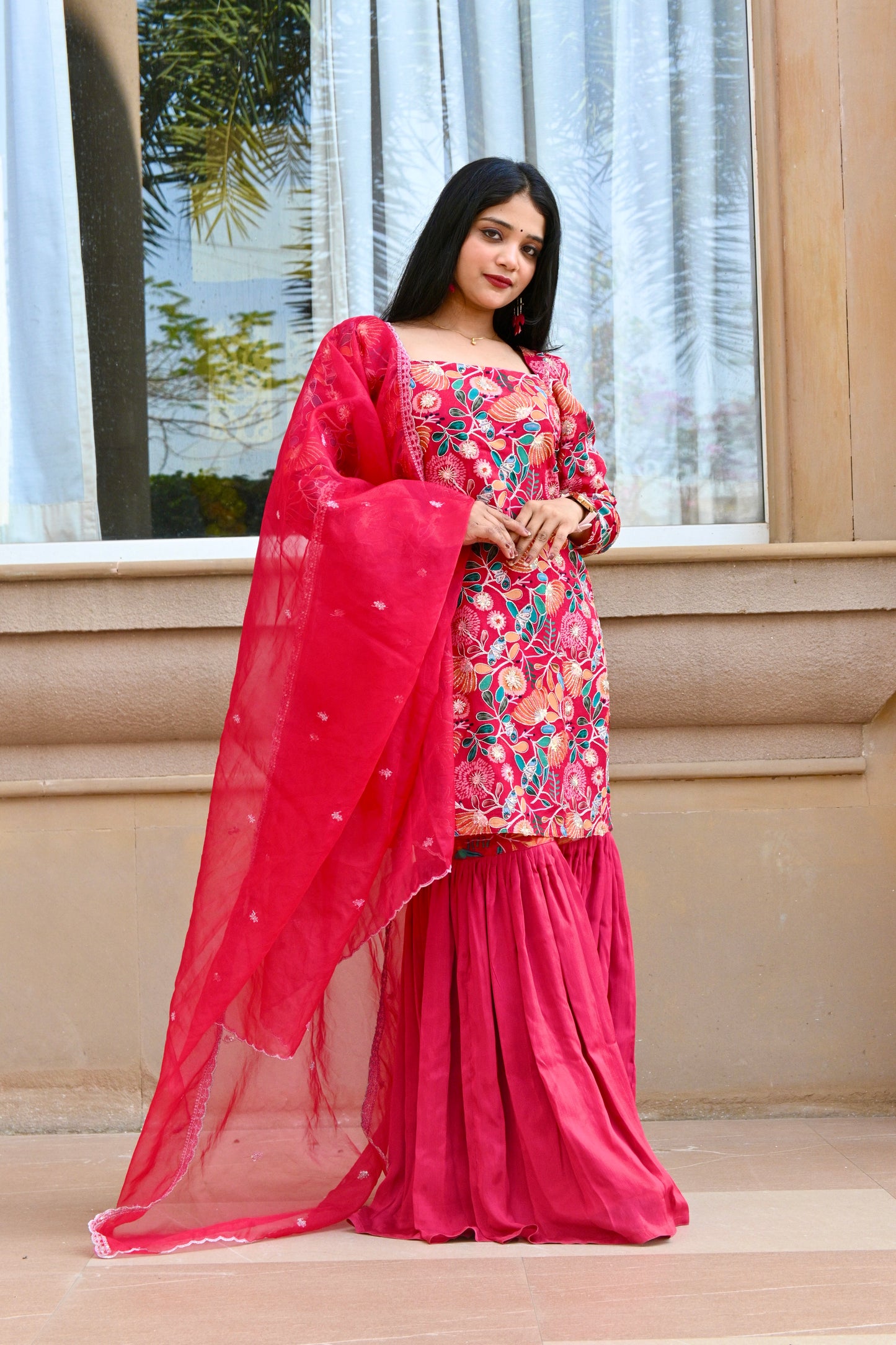 Embroidered "Pink-FLORAL Chinnon" Garara set - AS
