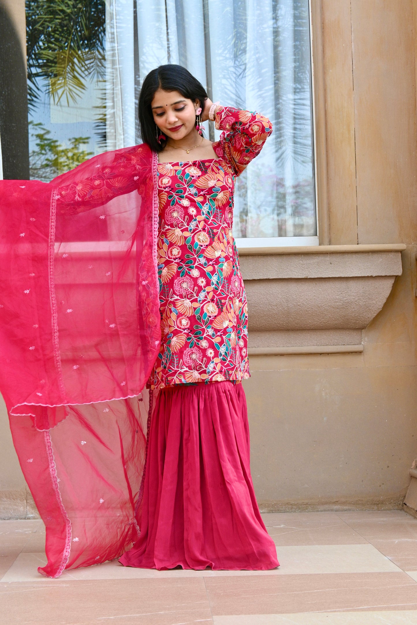 Embroidered "Pink-FLORAL Chinnon" Garara set - AS