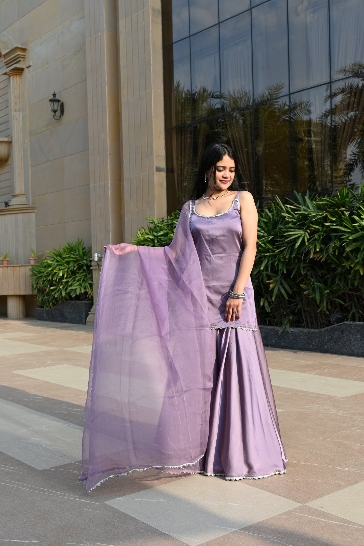Milano-Satin based Lavender Sharara Set