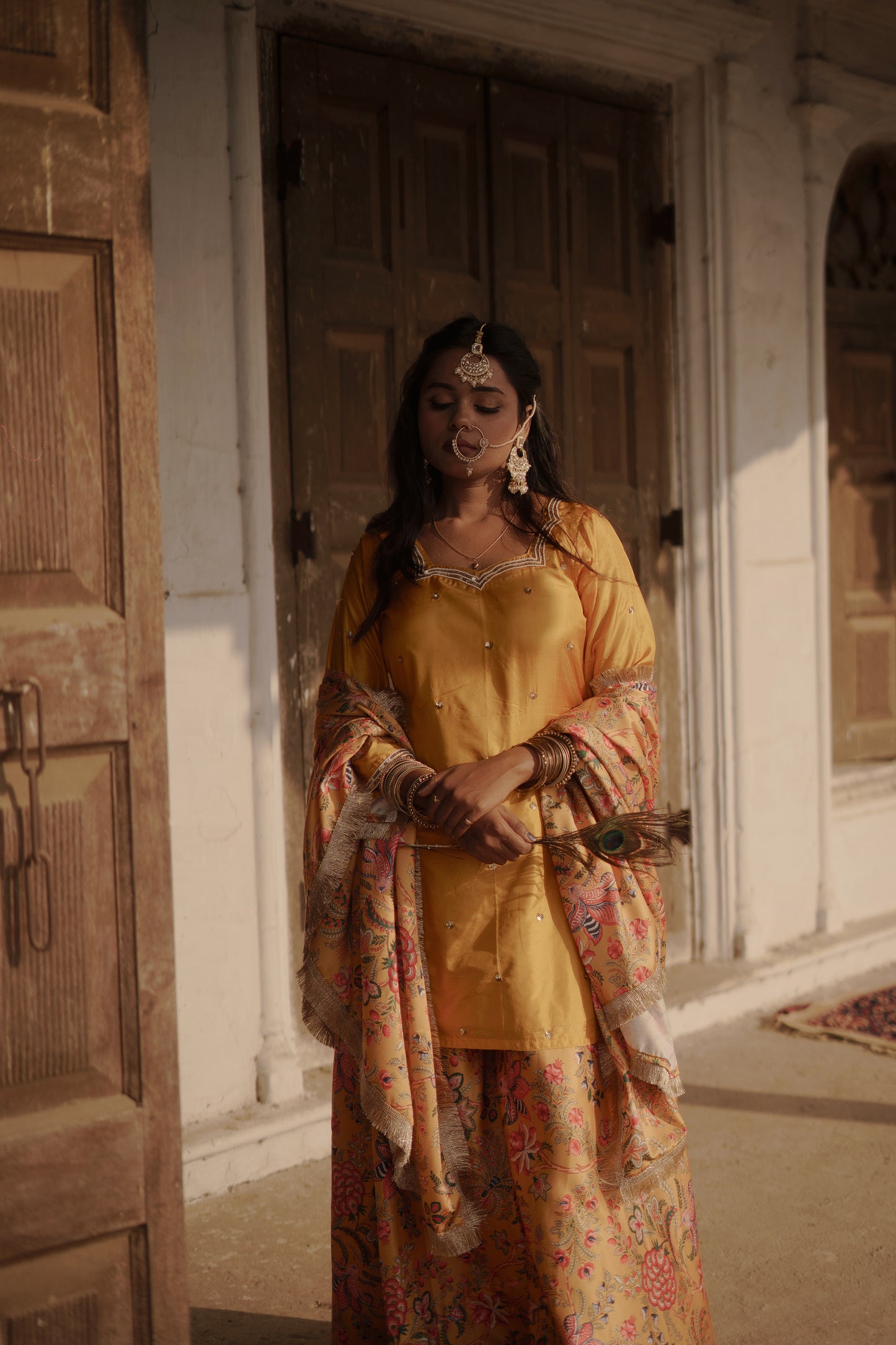 Mustard-Yellow Floral Sharara Set