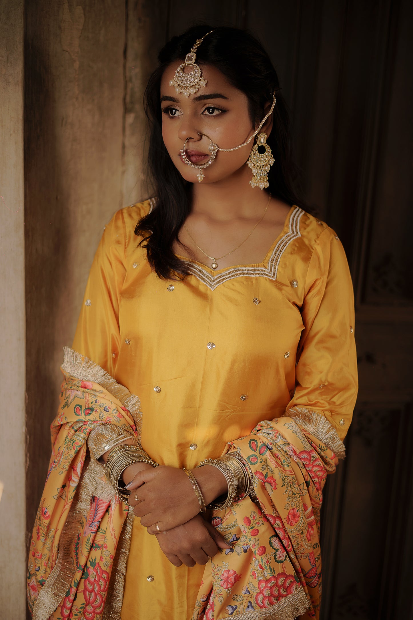 Mustard-Yellow Floral Sharara Set