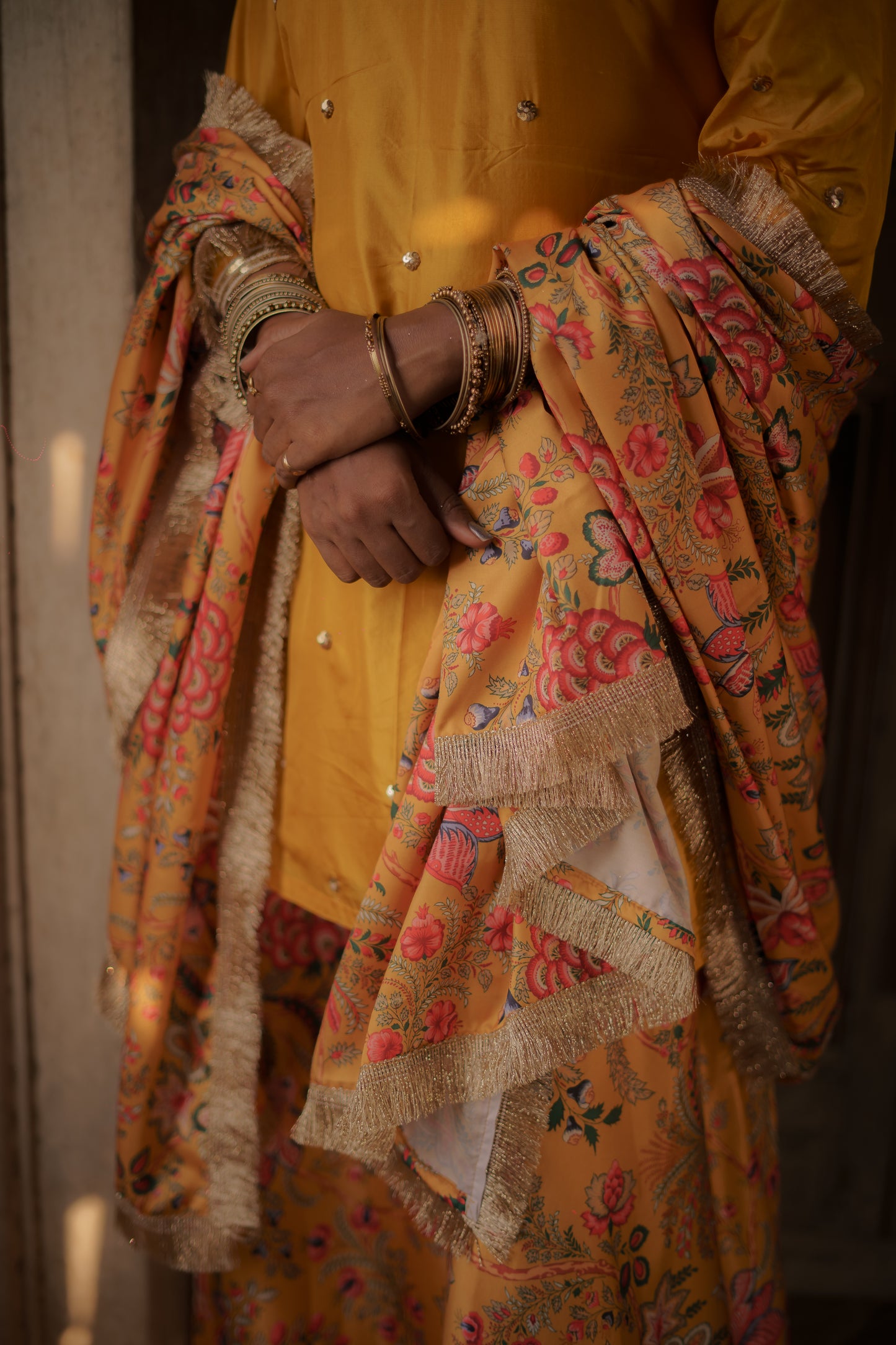 Mustard-Yellow Floral Sharara Set