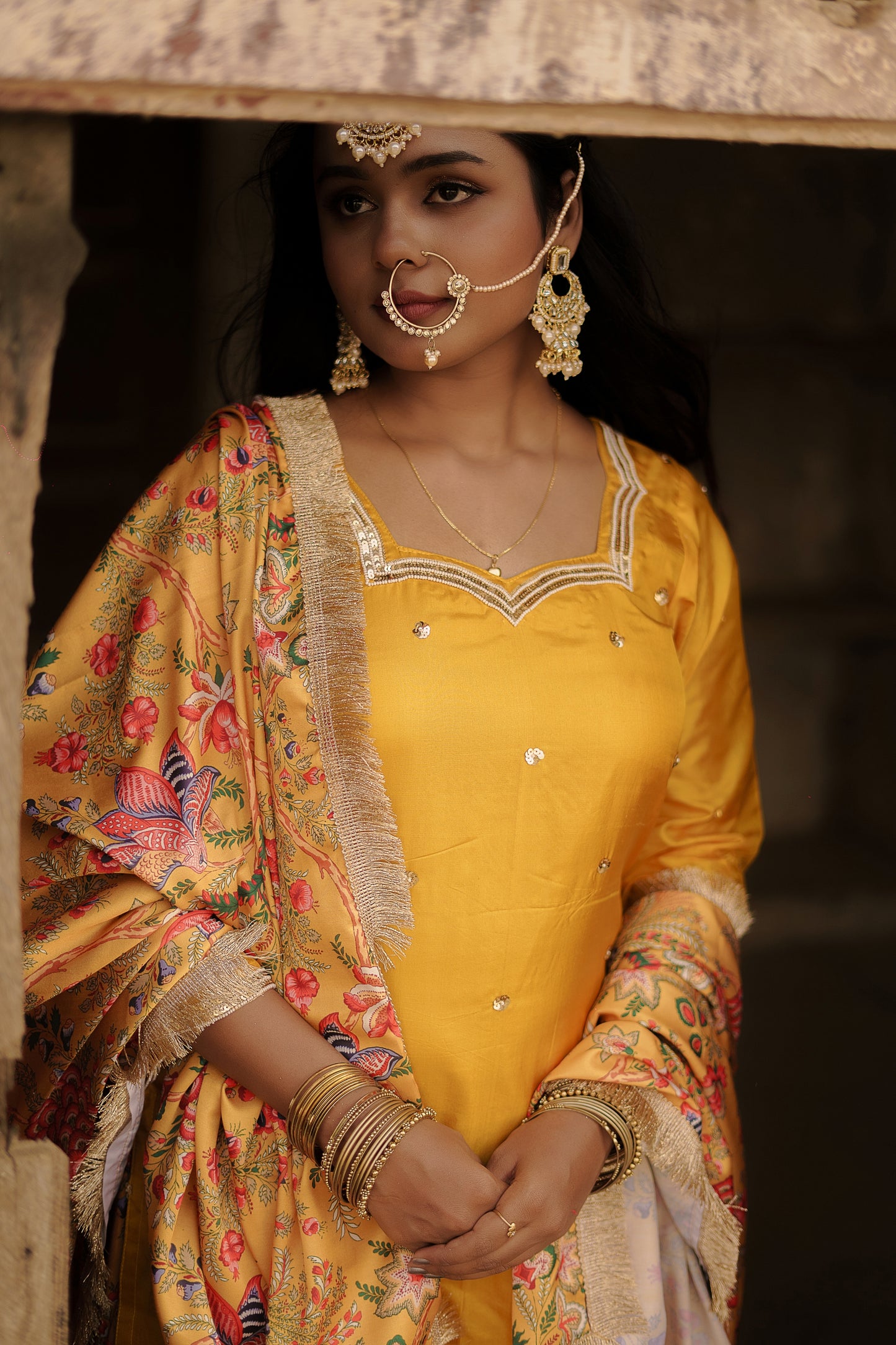 Mustard-Yellow Floral Sharara Set