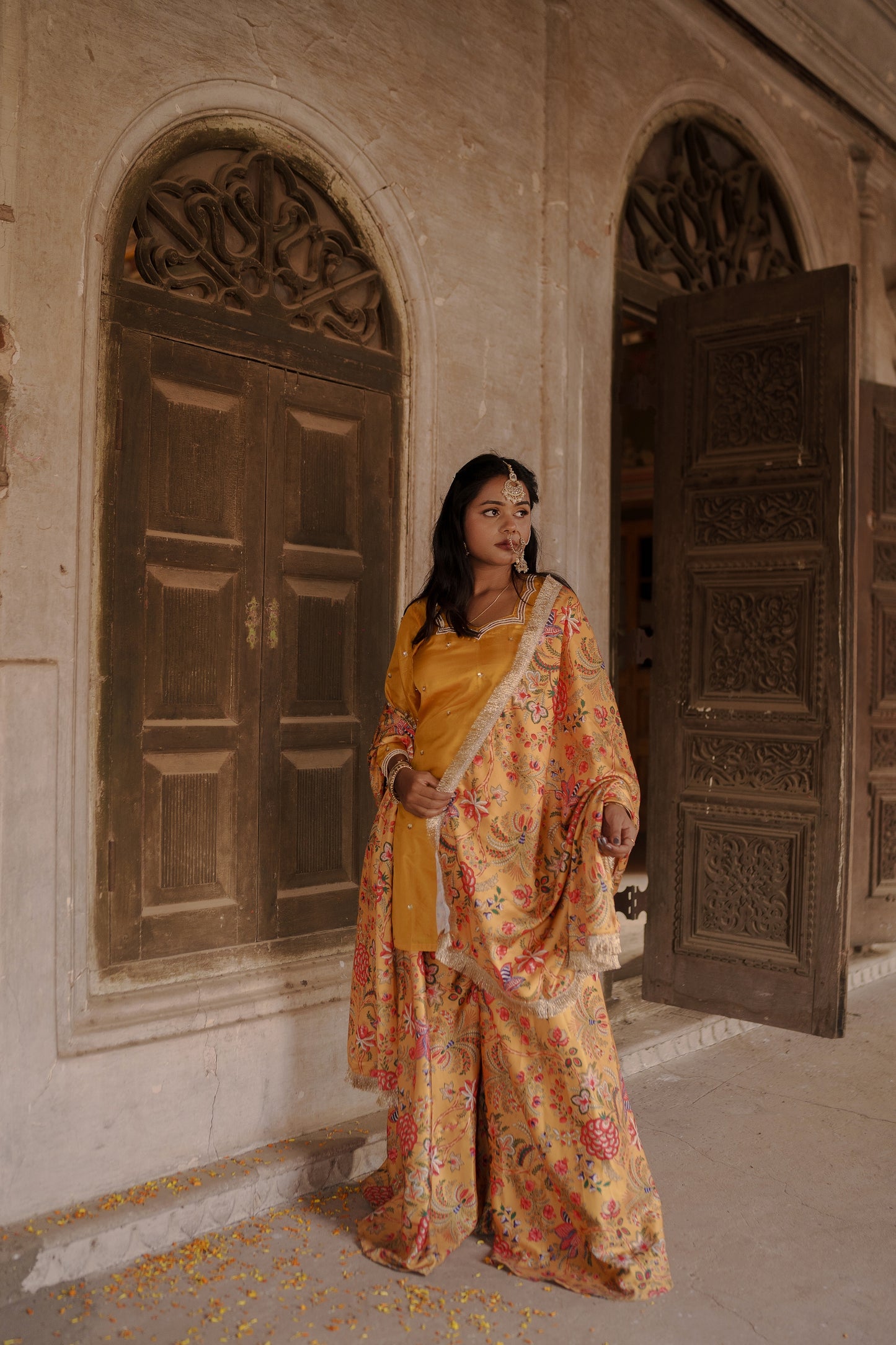 Mustard-Yellow Floral Sharara Set