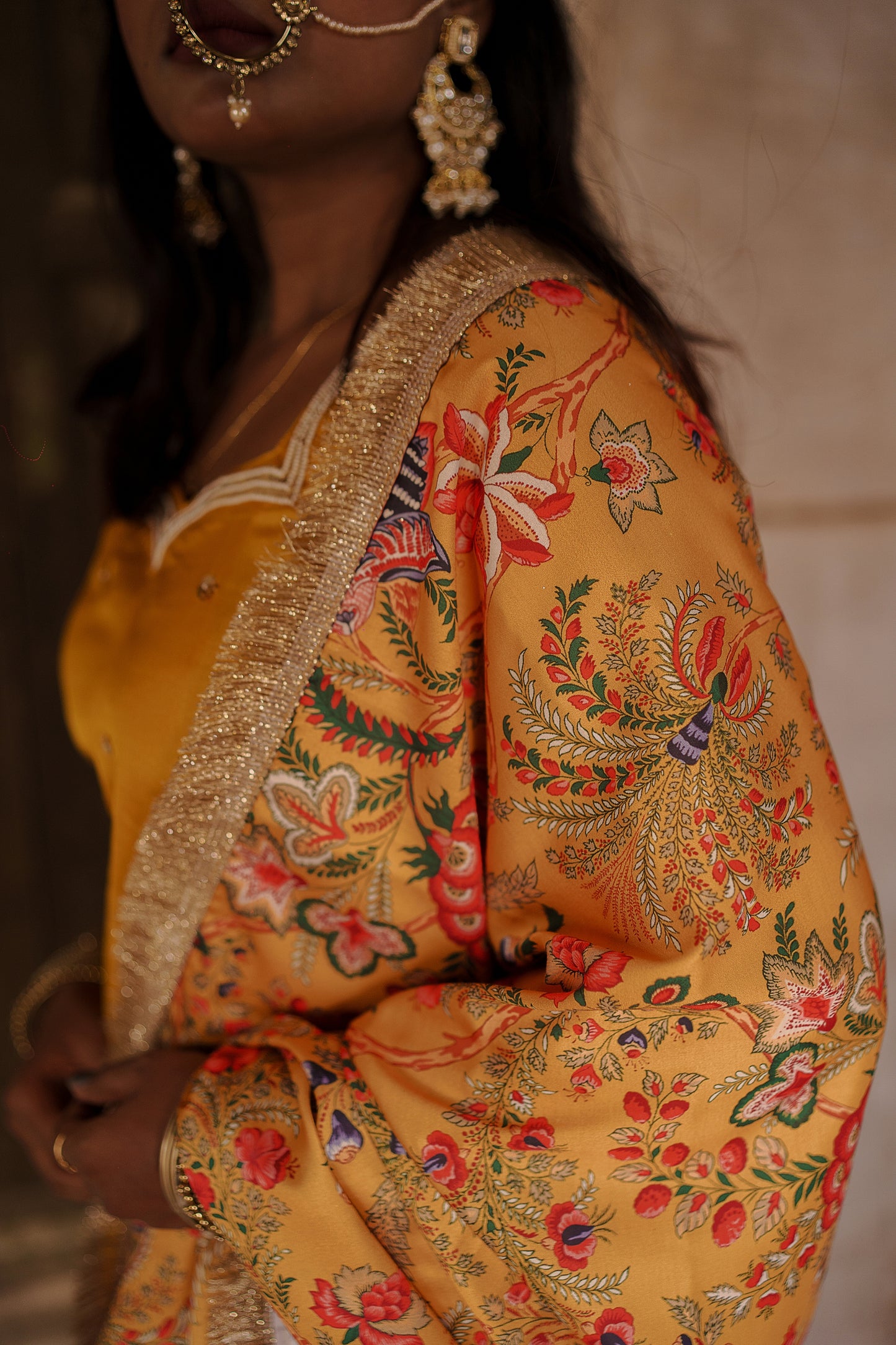 Mustard-Yellow Floral Sharara Set