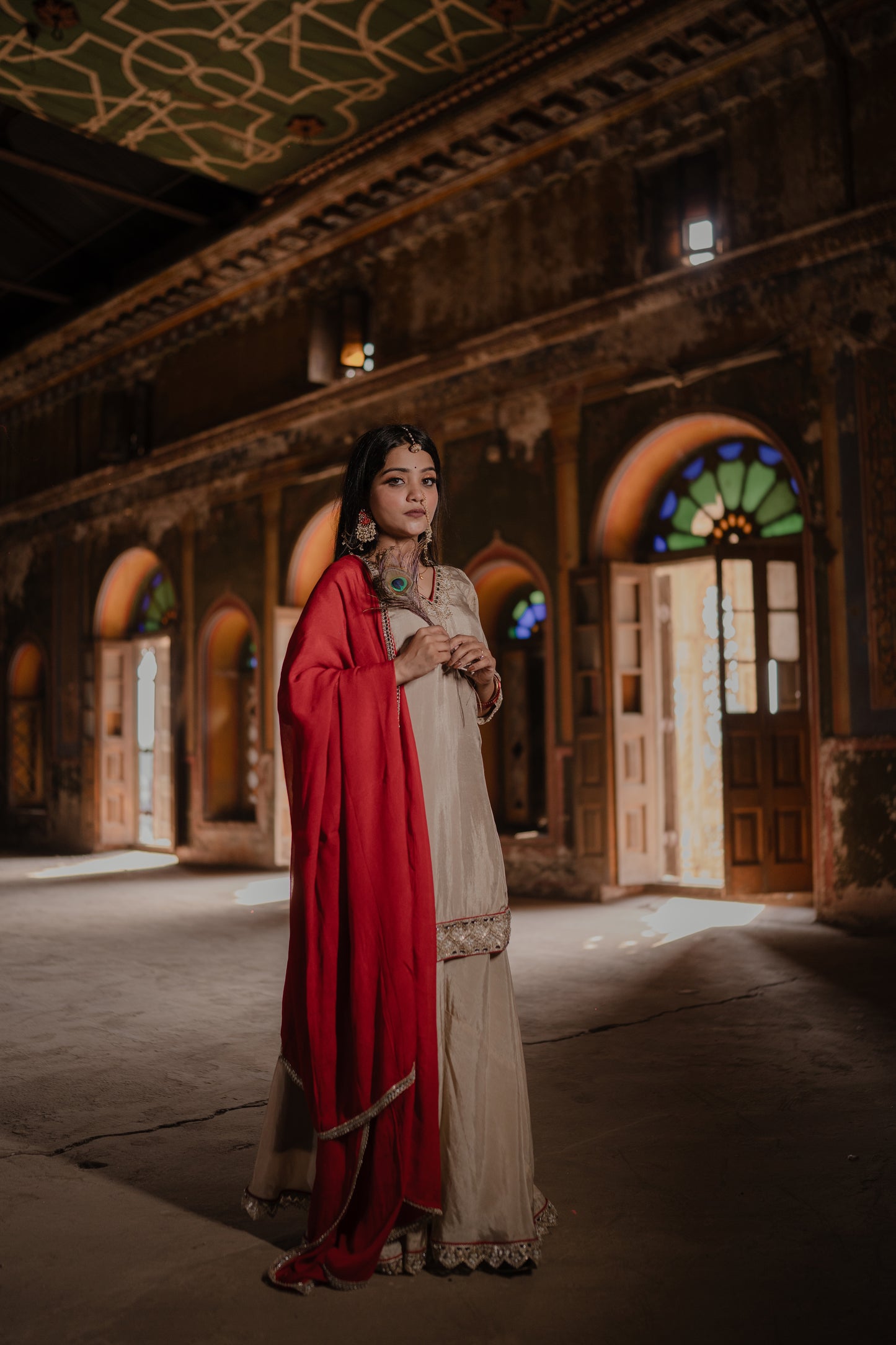 Beige-Red Sharara Set - AS
