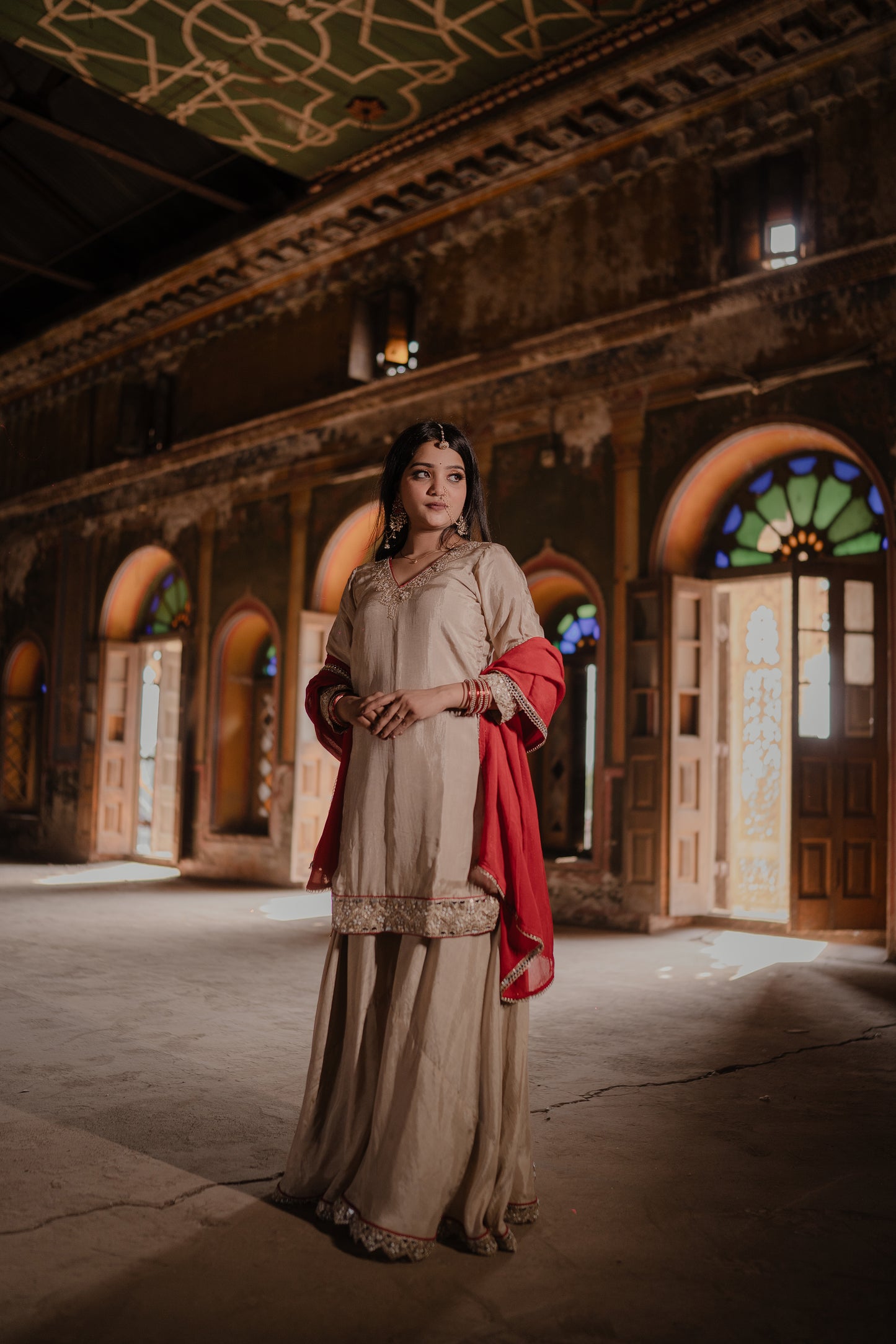 Beige-Red Sharara Set - AS