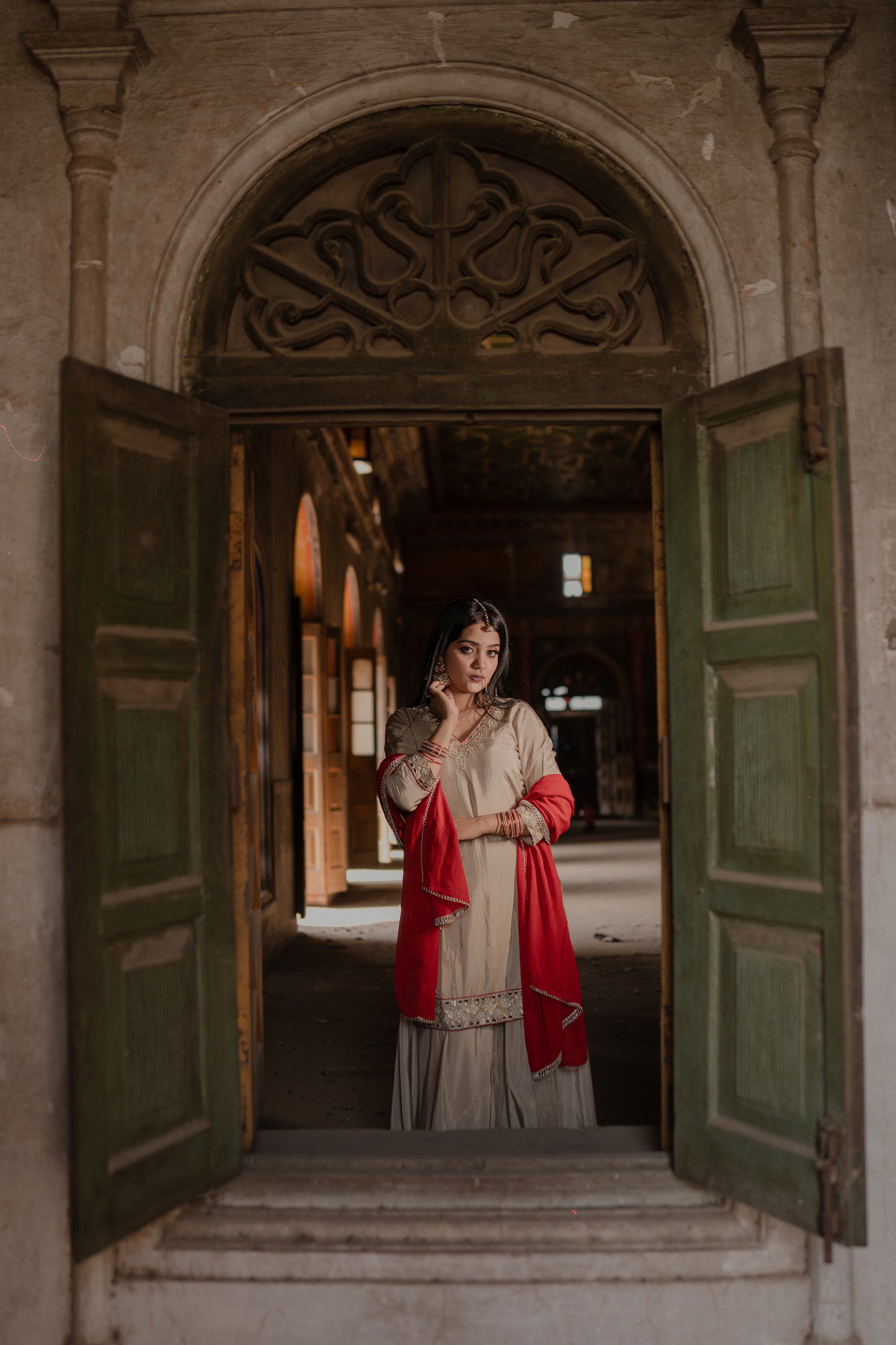 Beige-Red Sharara Set - AS