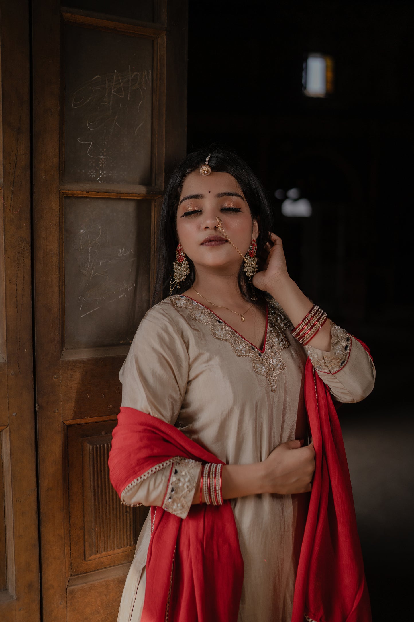 Beige-Red Sharara Set - AS