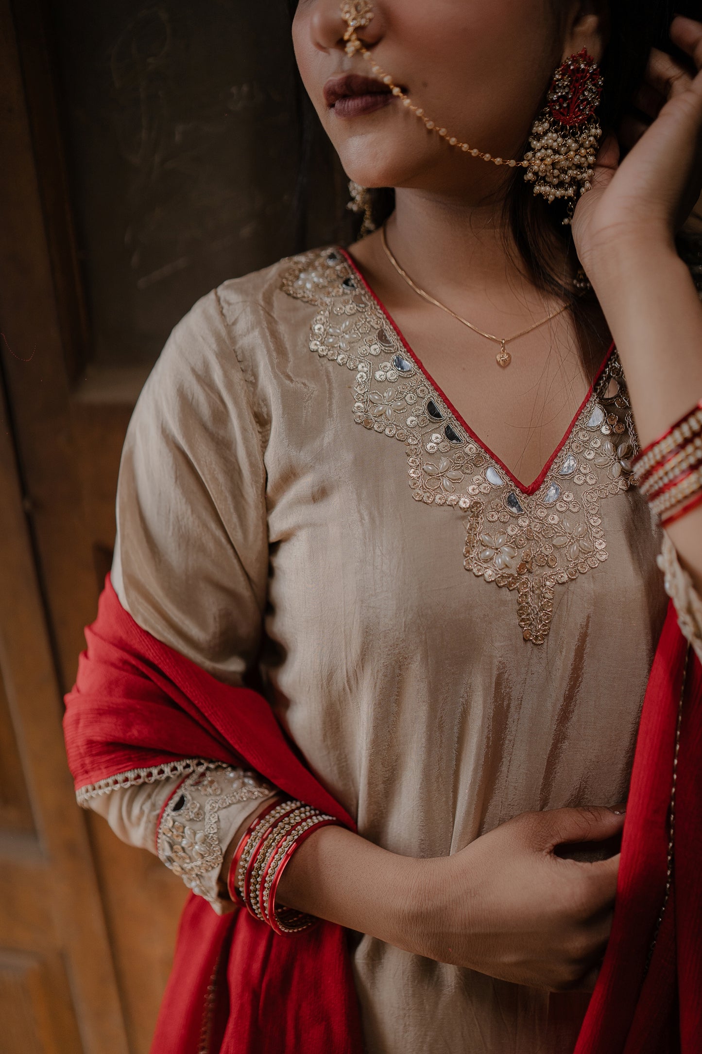 Beige-Red Sharara Set - AS