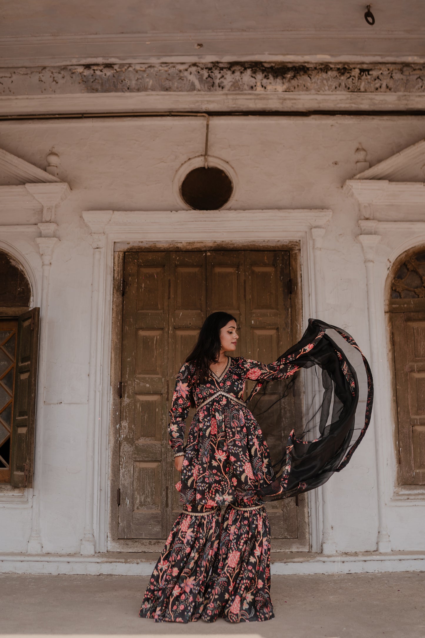 Nyra-Cut Black Floral Garara Set