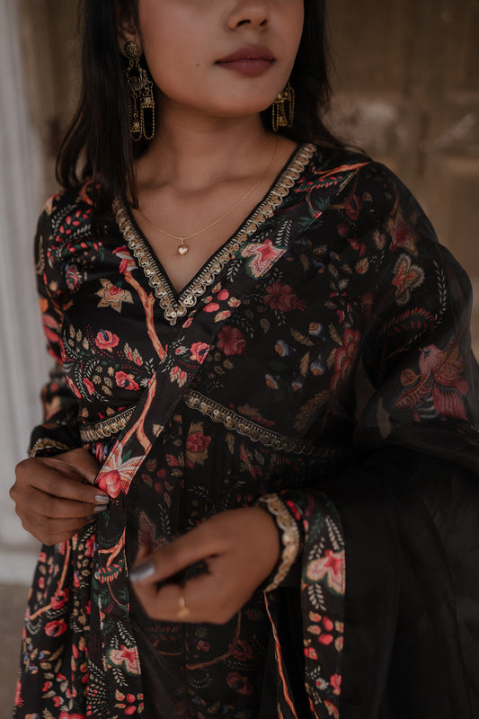 Nyra-Cut Black Floral Garara Set