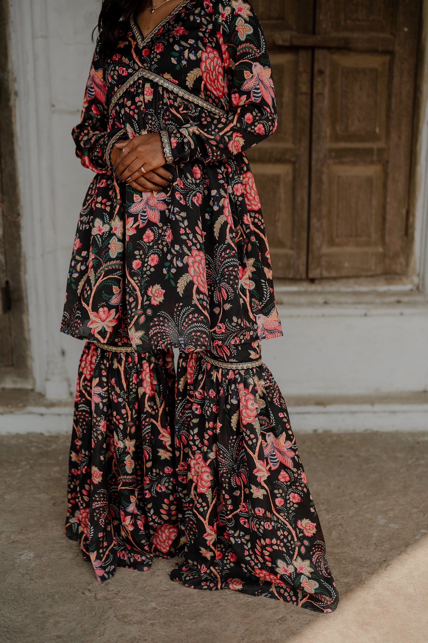 Nyra-Cut Black Floral Garara Set