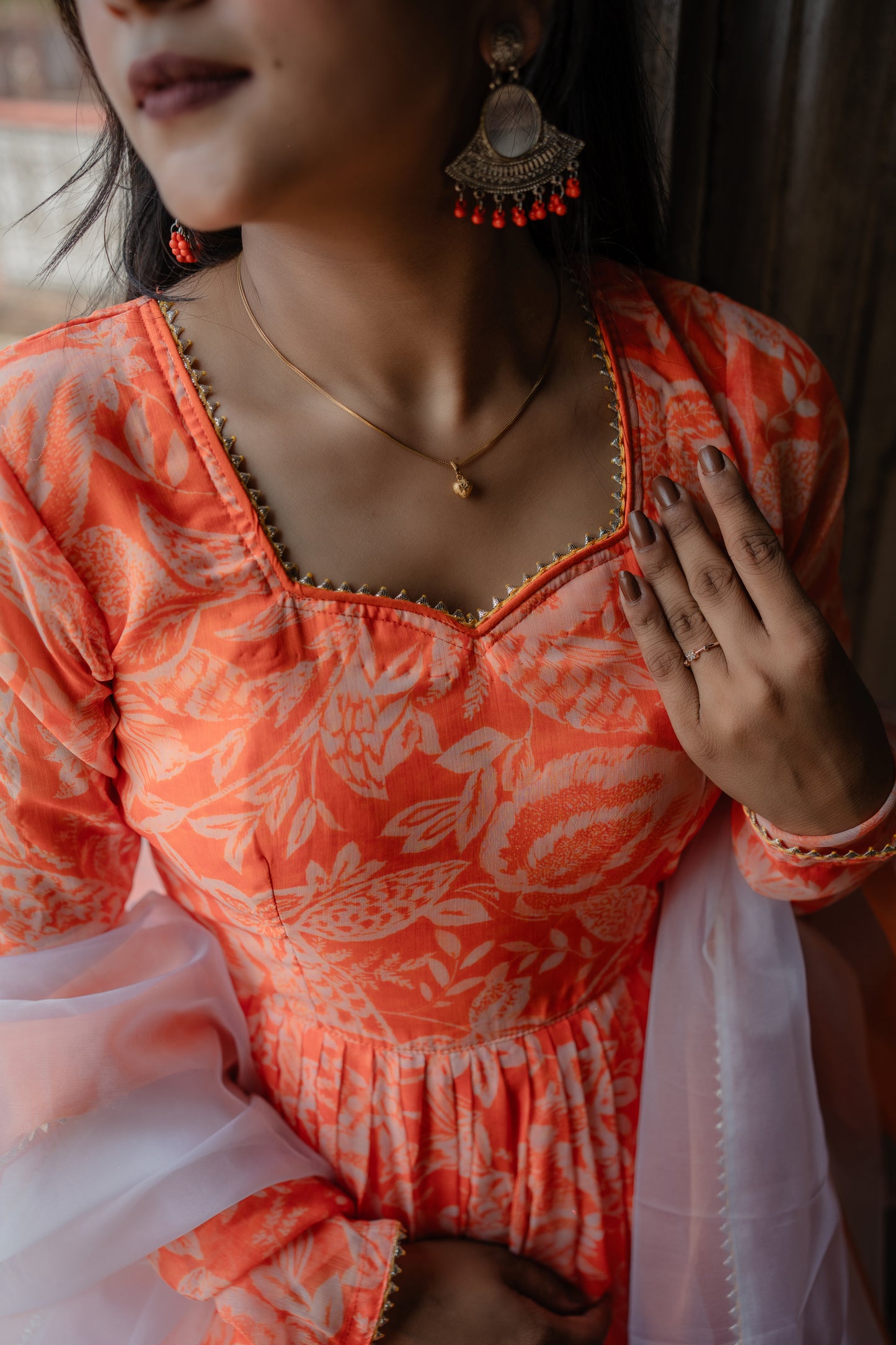 Orange-Floral Gown Set- AS