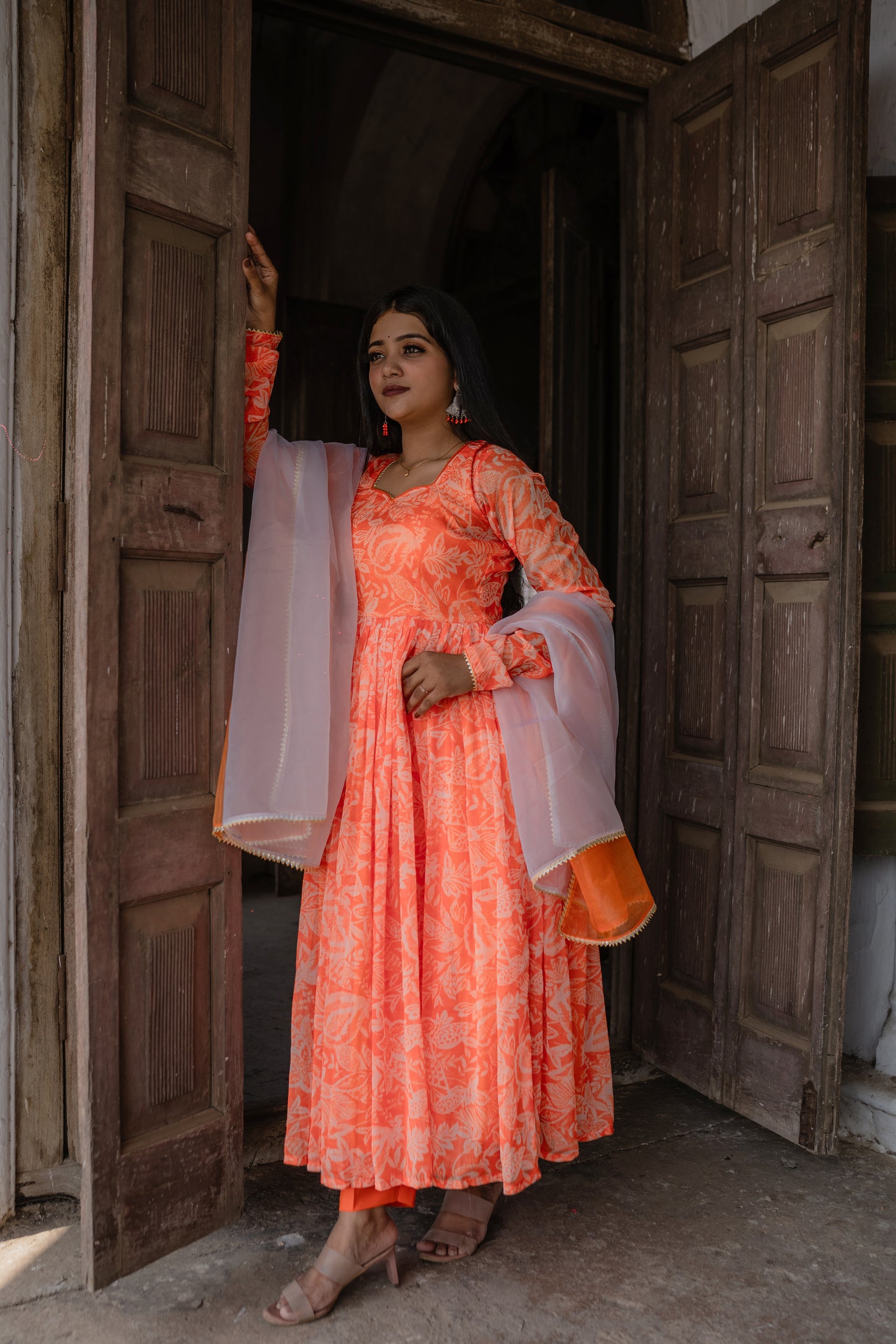 Orange-Floral Gown Set- AS