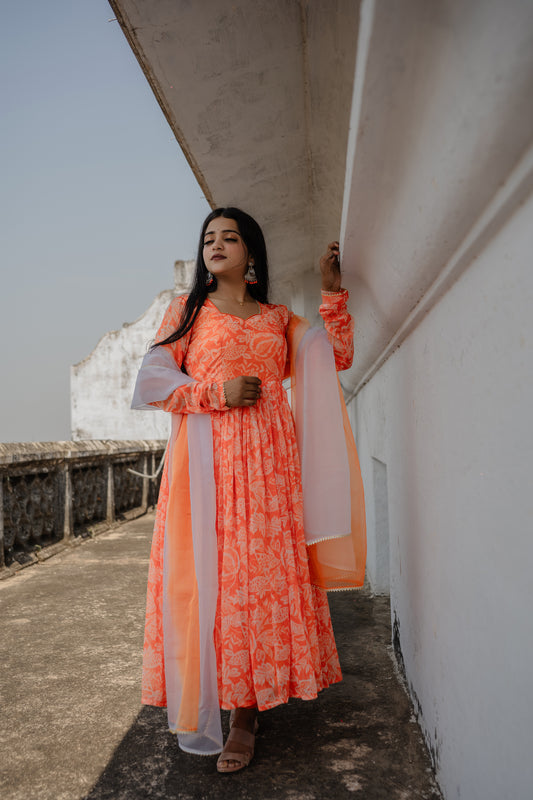 Orange-Floral Gown Set