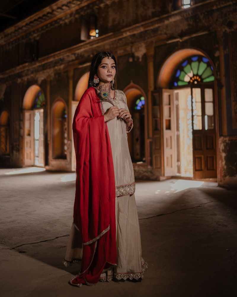 Beige-Red Sharara Set