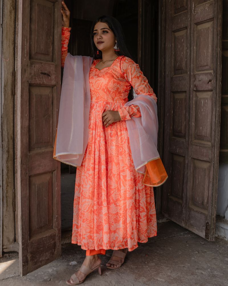 Orange-Floral Gown Set