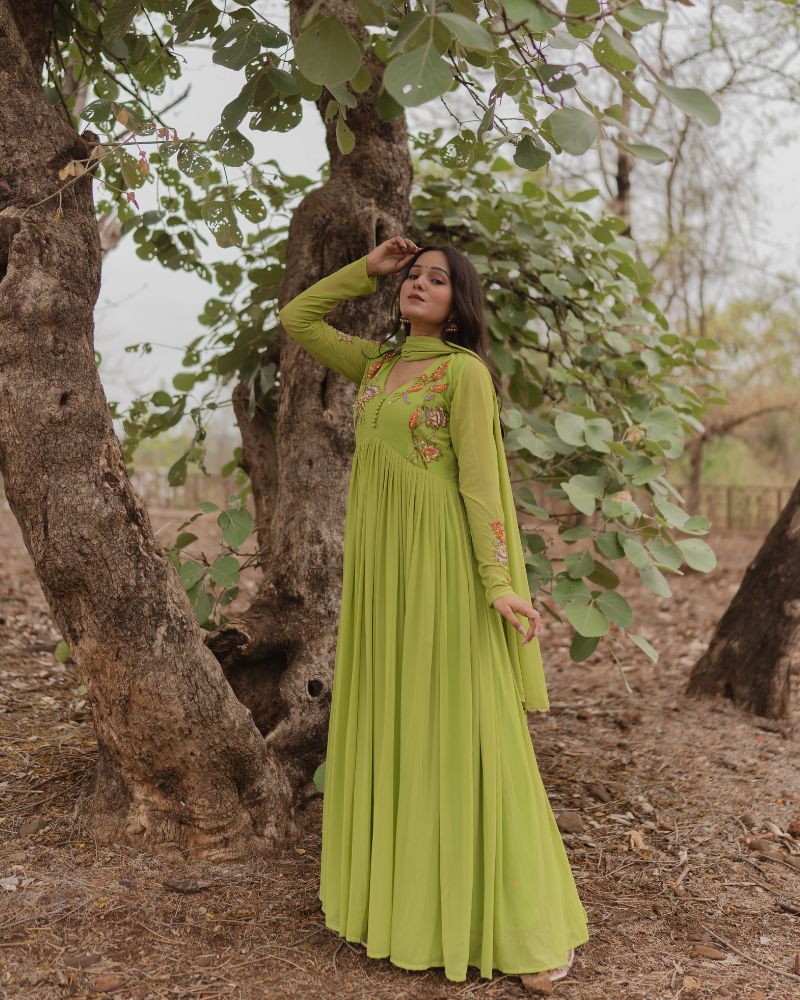 Parrot-Green Gown Set