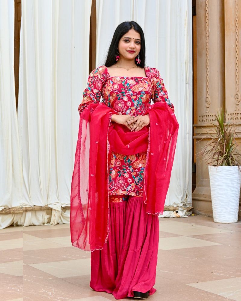 Embroidered “Pink-FLORAL Chinnon” Garara set